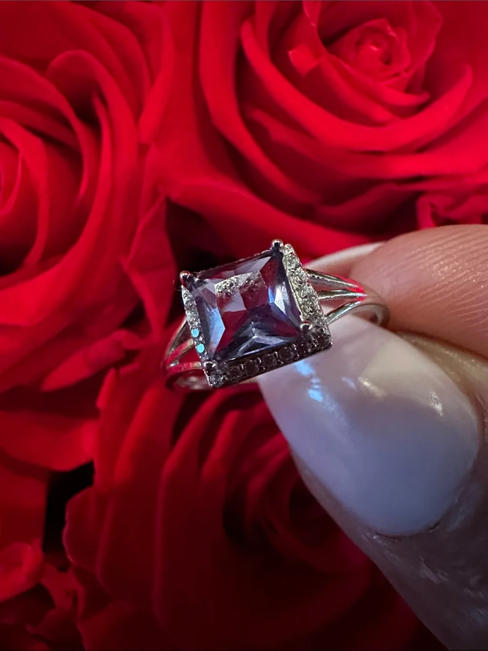 925 Silver Square-Cut Cubic Zirconia Ring in Light Purple